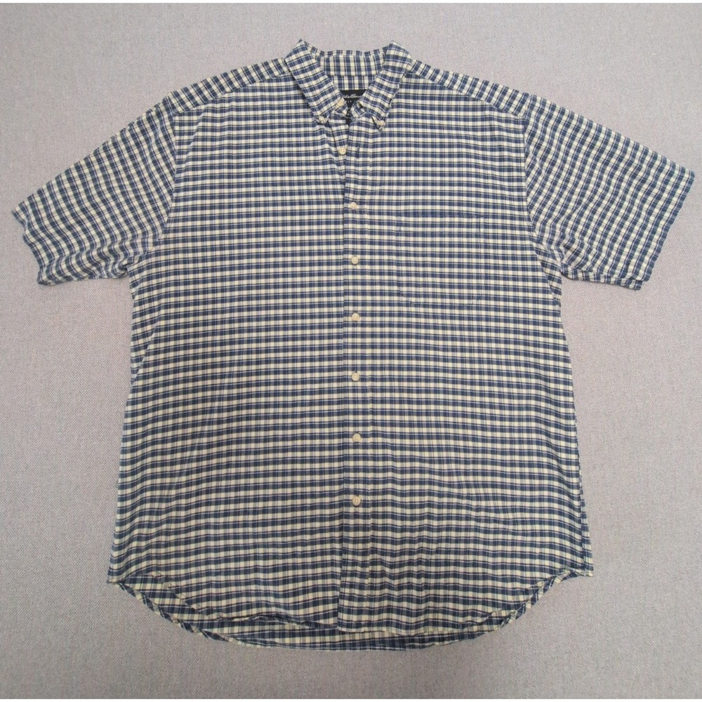 Eddie Bauer Shirt Mens XL Tall Blue Plaid Cotton Button Up Short Sleeve XLT